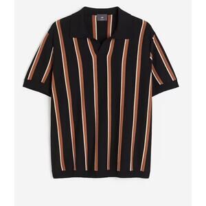 H&M Regular Fit Fine-Knit Striped Polo Shirt Black Beige White Cotton S